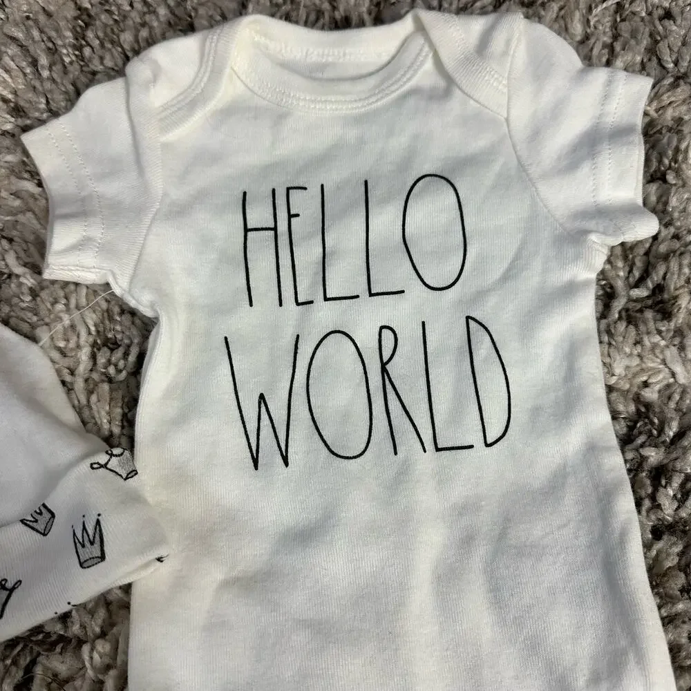 Rae Dunn Hello World Onesie Bodysuit Hat Set Baby Boy Girl 3-6 Months